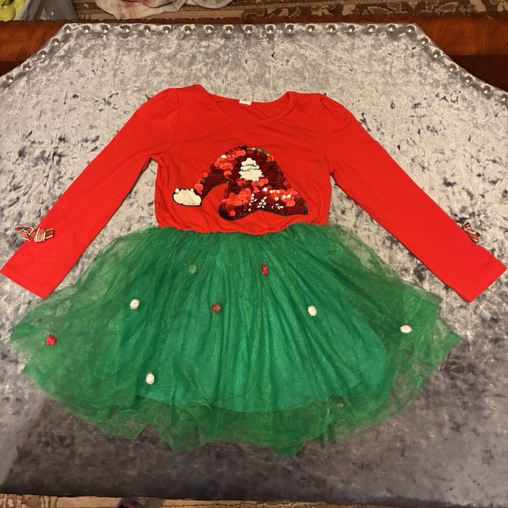 Sunny Fashion Boutique girls Christmas dress w/ santa hat, tulle, sequins Size 7